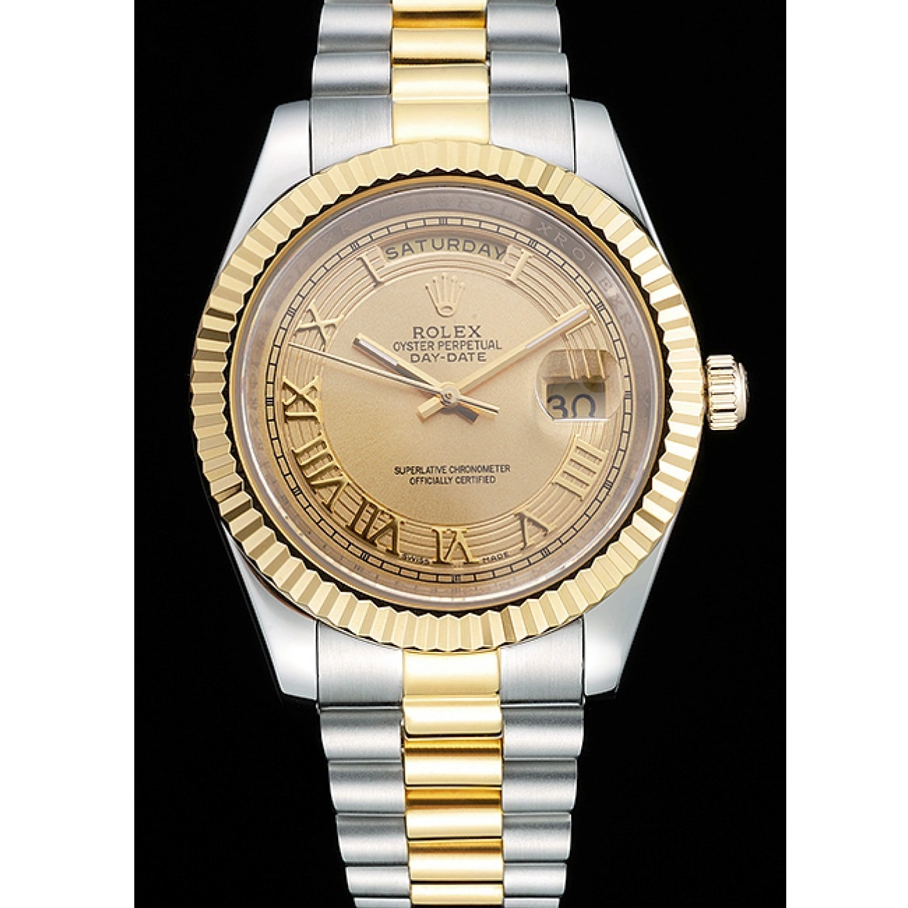 Aaa replica watch Rolex Gold 18k Gold Steel Stainless Two Plated Day-Date Dial Tone 0712